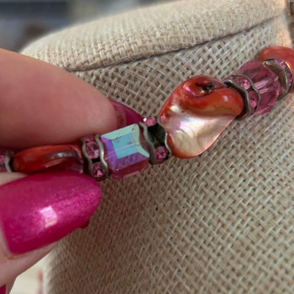 Elegant Pink and Orange Stone Floral Necklace 9” - Picture 7 of 9